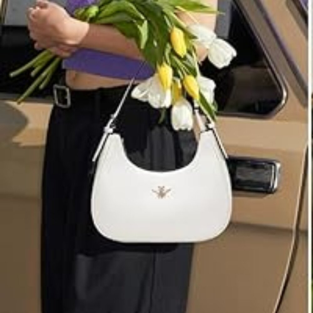 Neiman Marcus White Faux Leather Golden Bee Purse